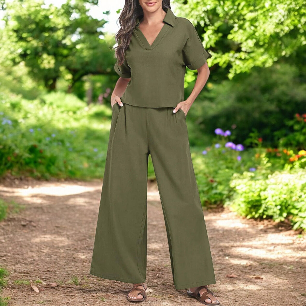 Yazlık Rahat V Yaka Keten Takım