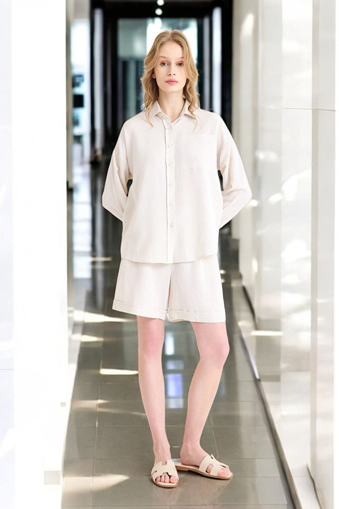 Yazlık Uzun Kol Gömlek Şort İkili Takım