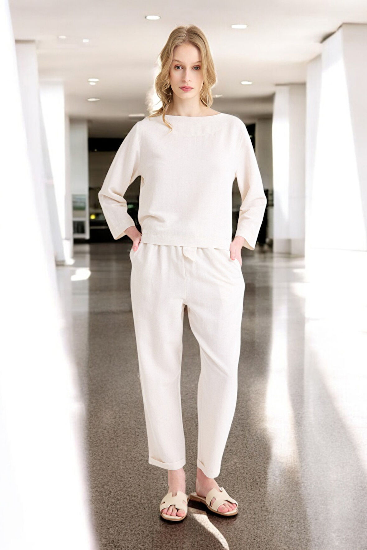 Yazlık Uzun Kol Bluz Pantolon İkili Keten Takım