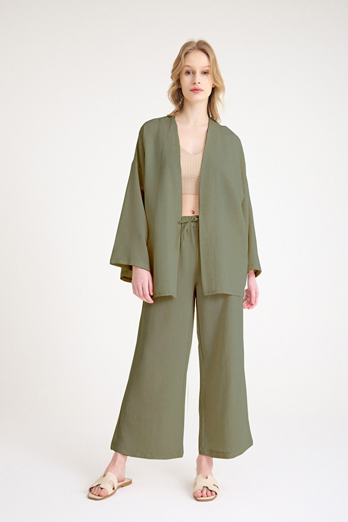 Keten Kadın Salaş Kimono İkili Haki Takım