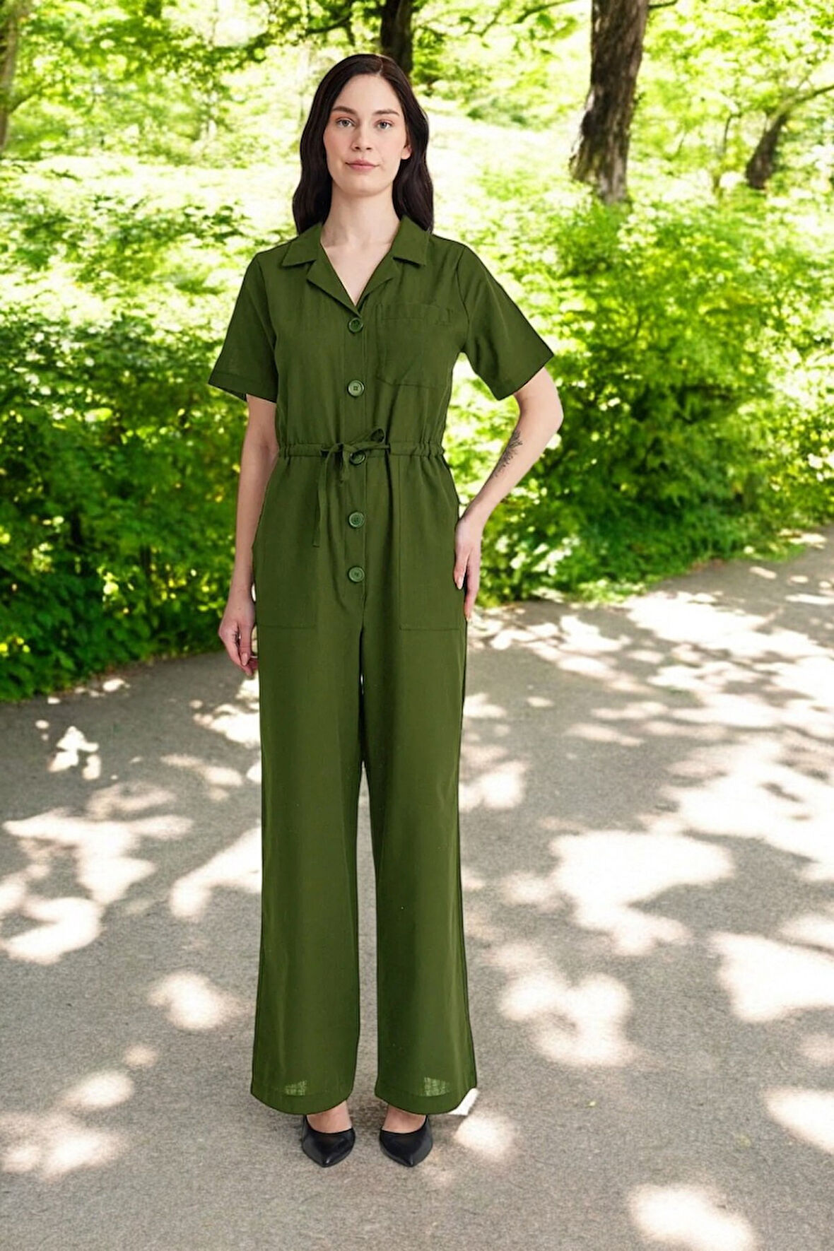 Yazlık Kısa Kollu Tasarım Keten Tulum