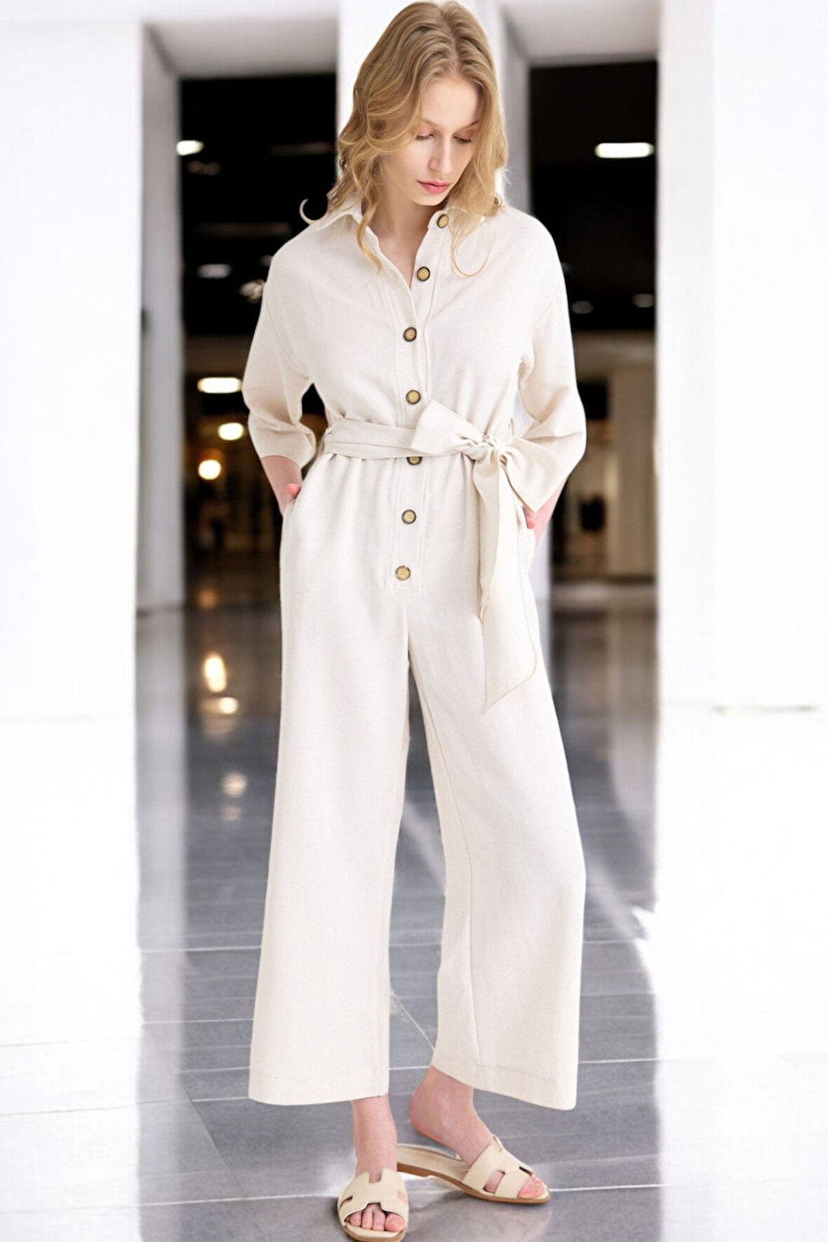 Yazlık Rahat Gömlek Yaka Keten Tulum