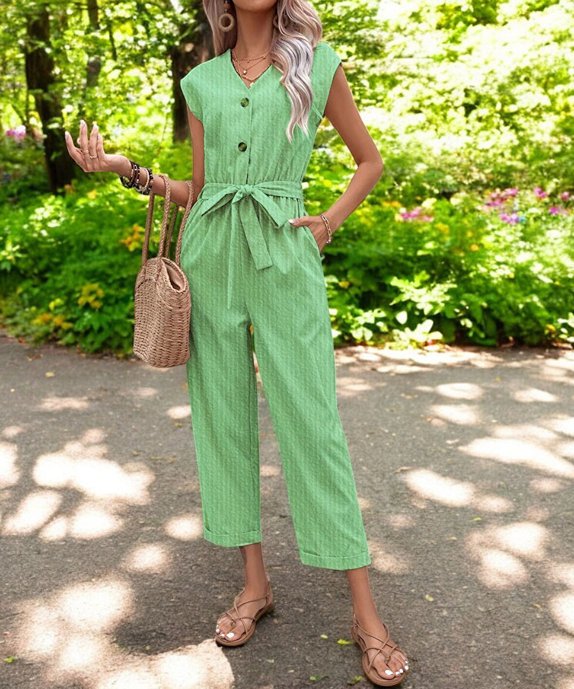 Yazlık V Yaka Kolsuz Rahat Keten Tulum