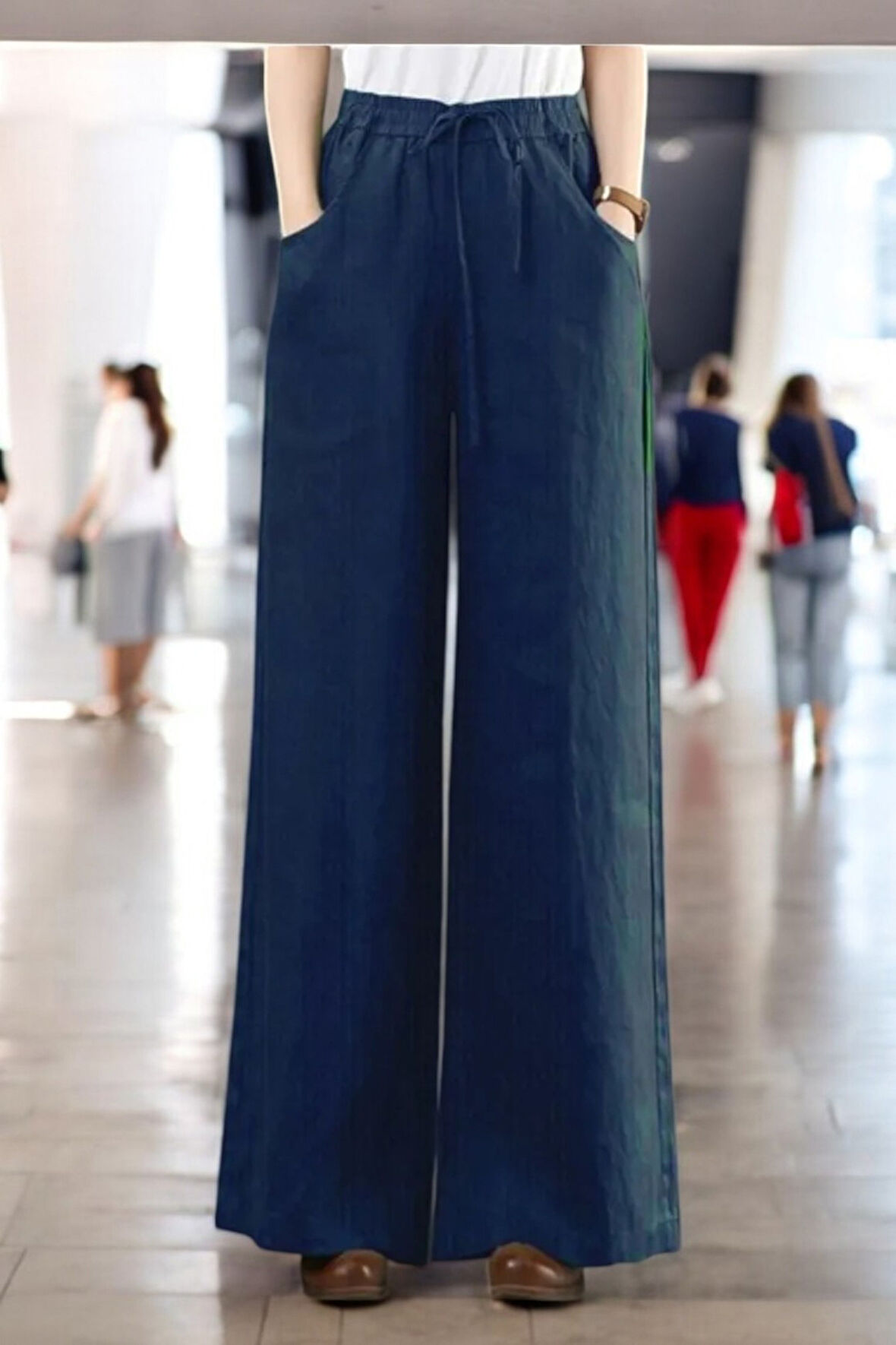 Günlük Beli Bağcıklı Tasarım Keten Pantolon