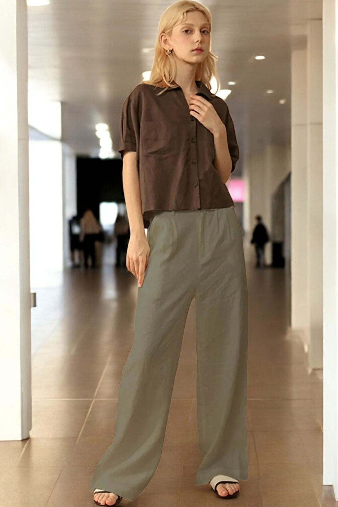 Günlük Düğmeli Keten Kadın Pantolon