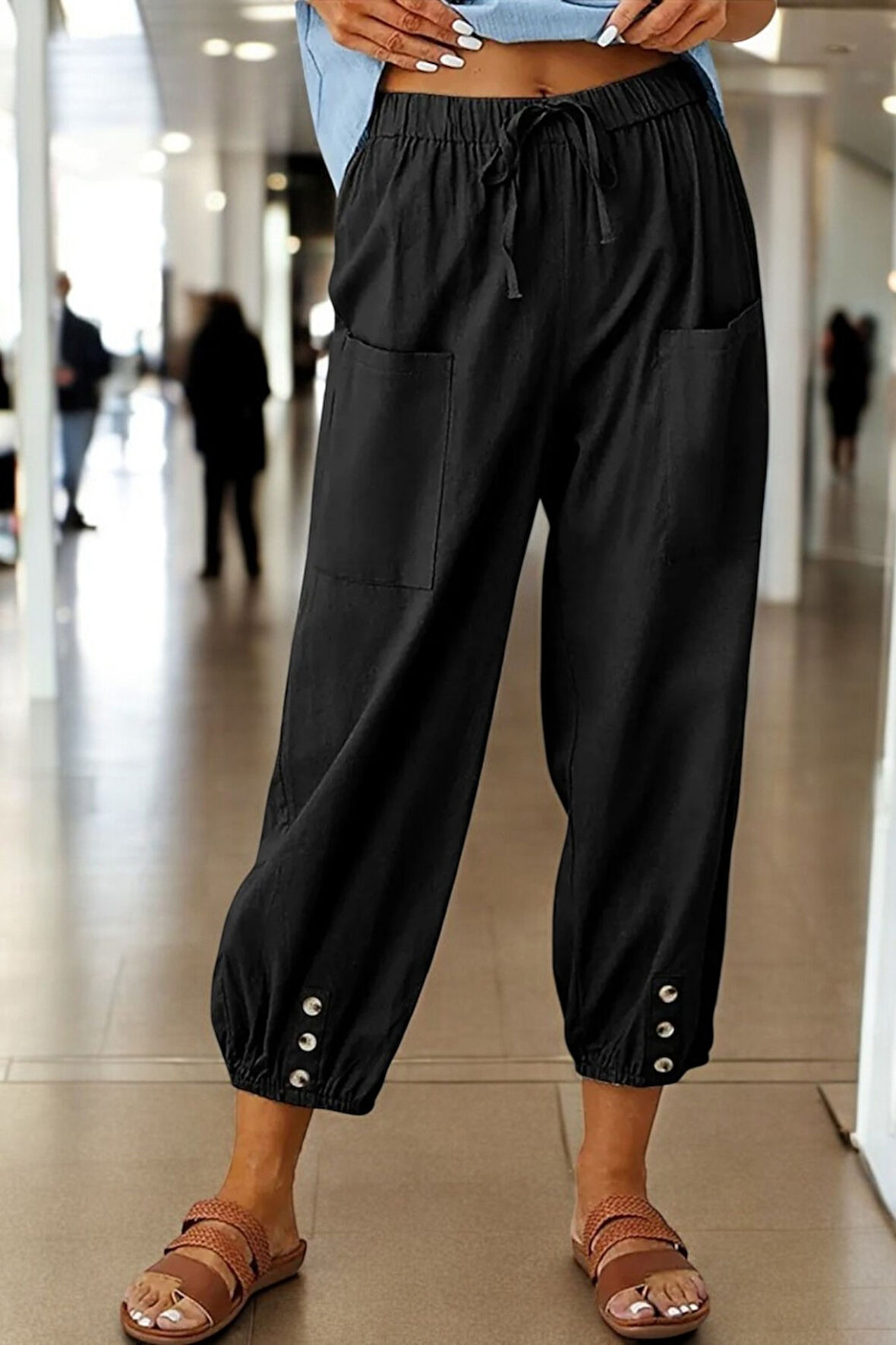 Yazlık Düğme Detaylı Keten Pantolon