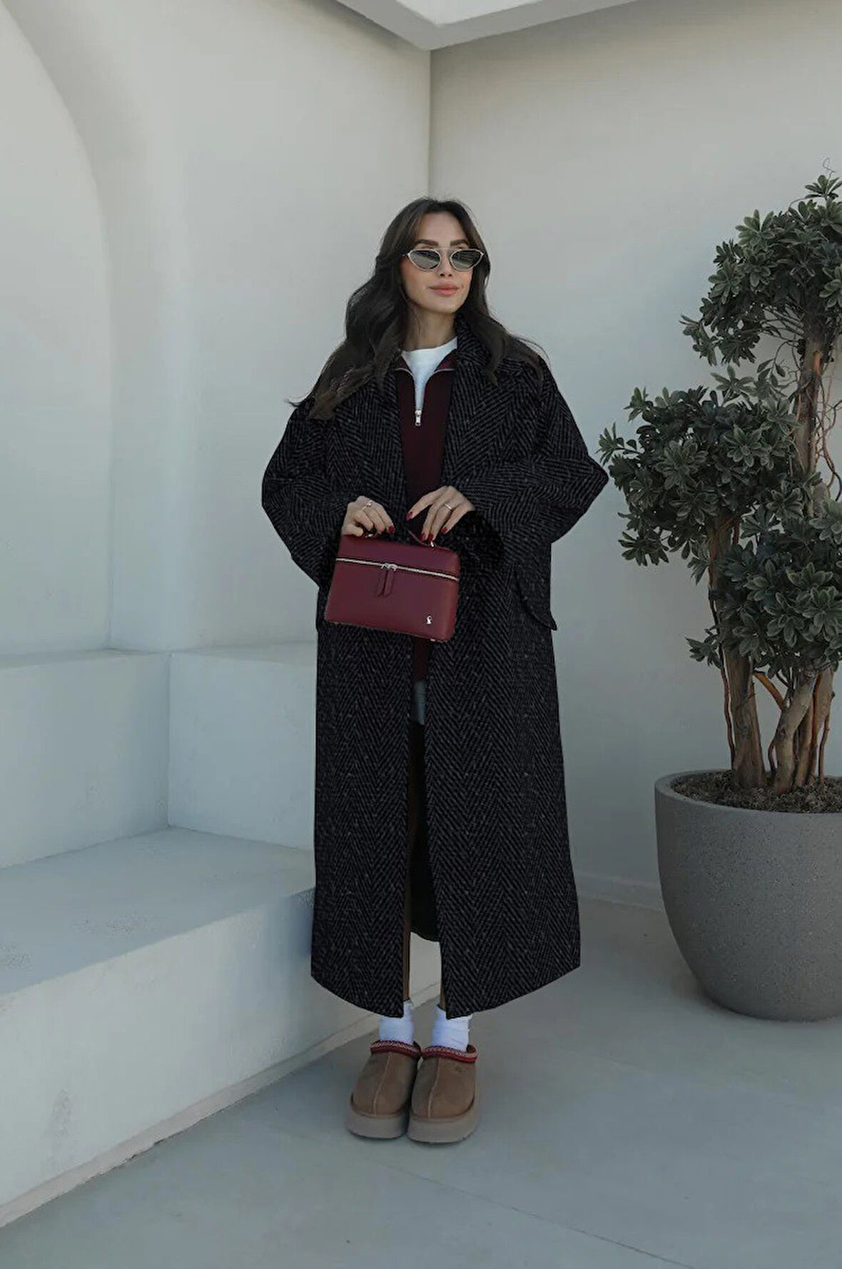 Kışlık Astarlı Balık Sırtı Detaylı Kadın Kaşmir Kaban