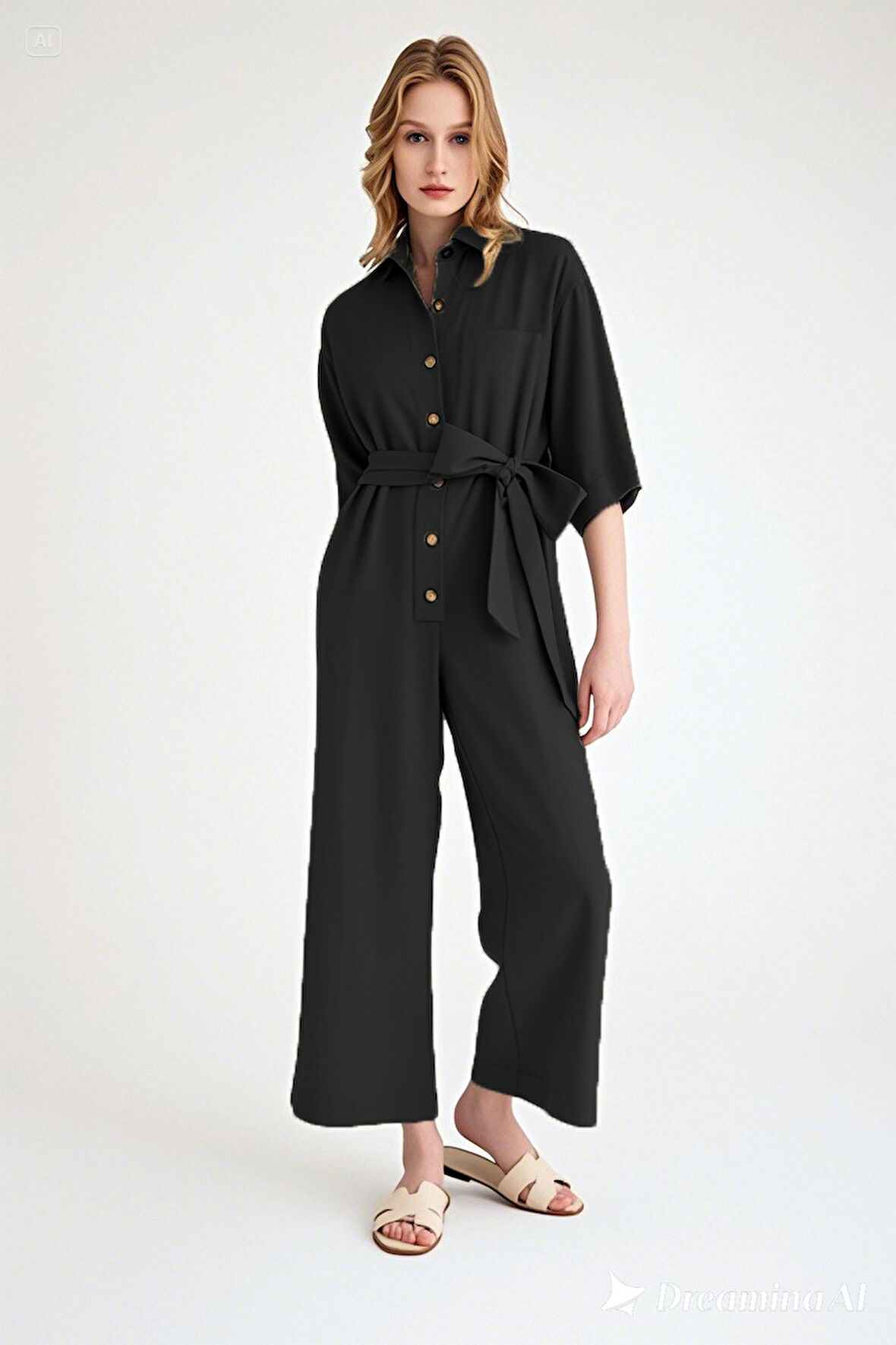 Yazlık Gömlek Yaka Keten Tulum