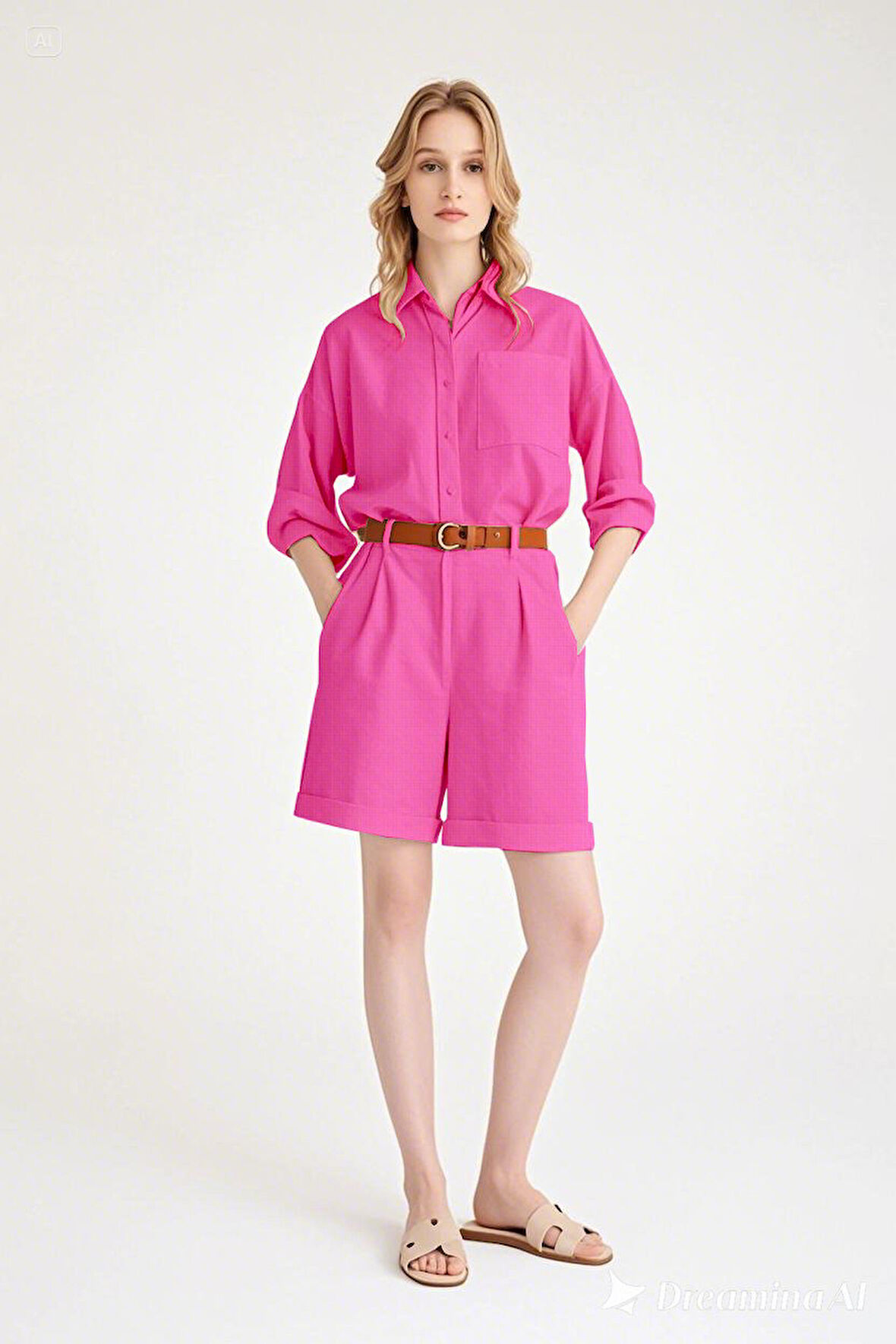 Yazlık Keten Uzun Kol Gömlek Şort İkili Fuşya Takım