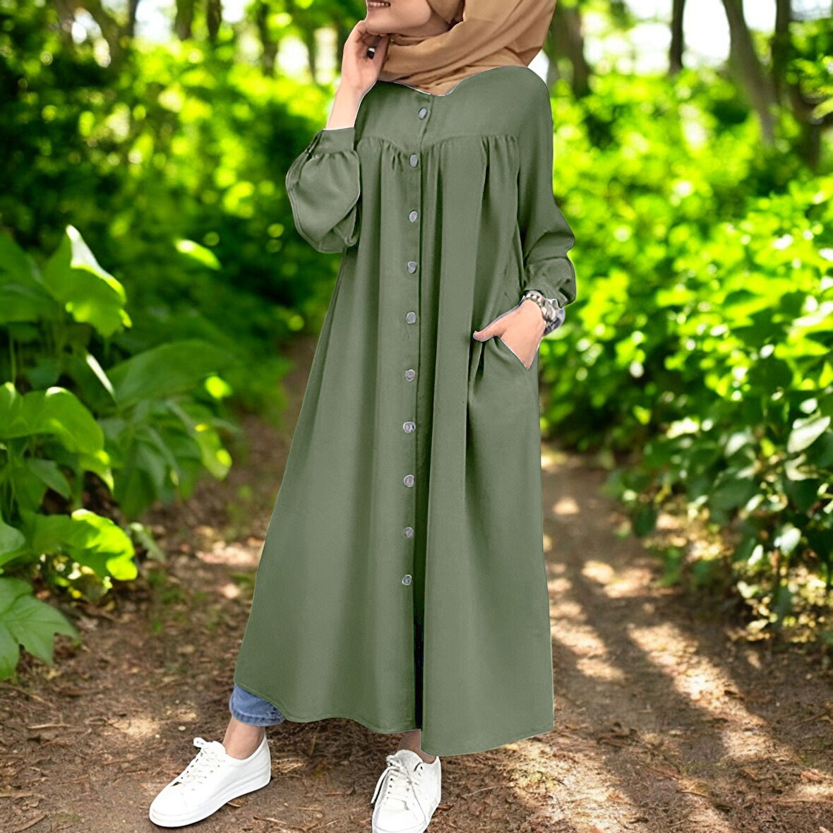 Gömlek Yaka Keten Elbise