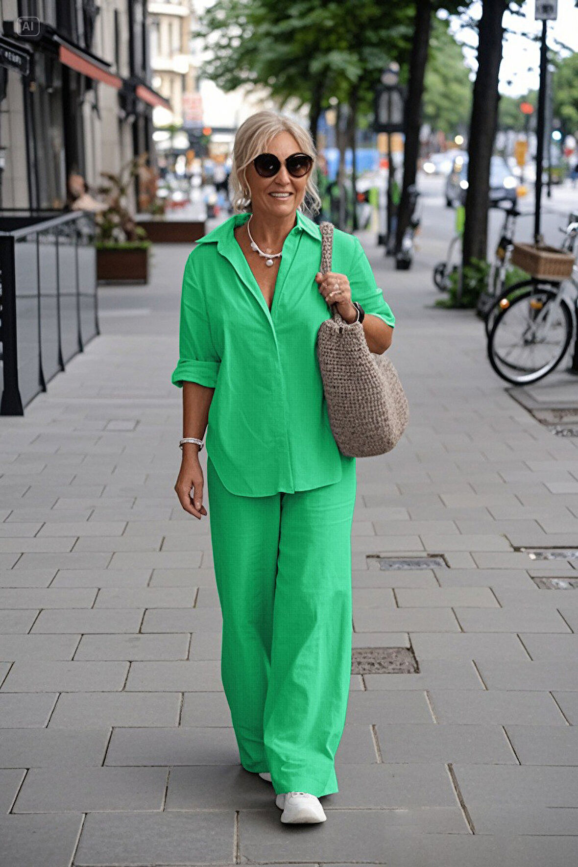 İkili Takım Alt Üst Keten Günlük Yeşil