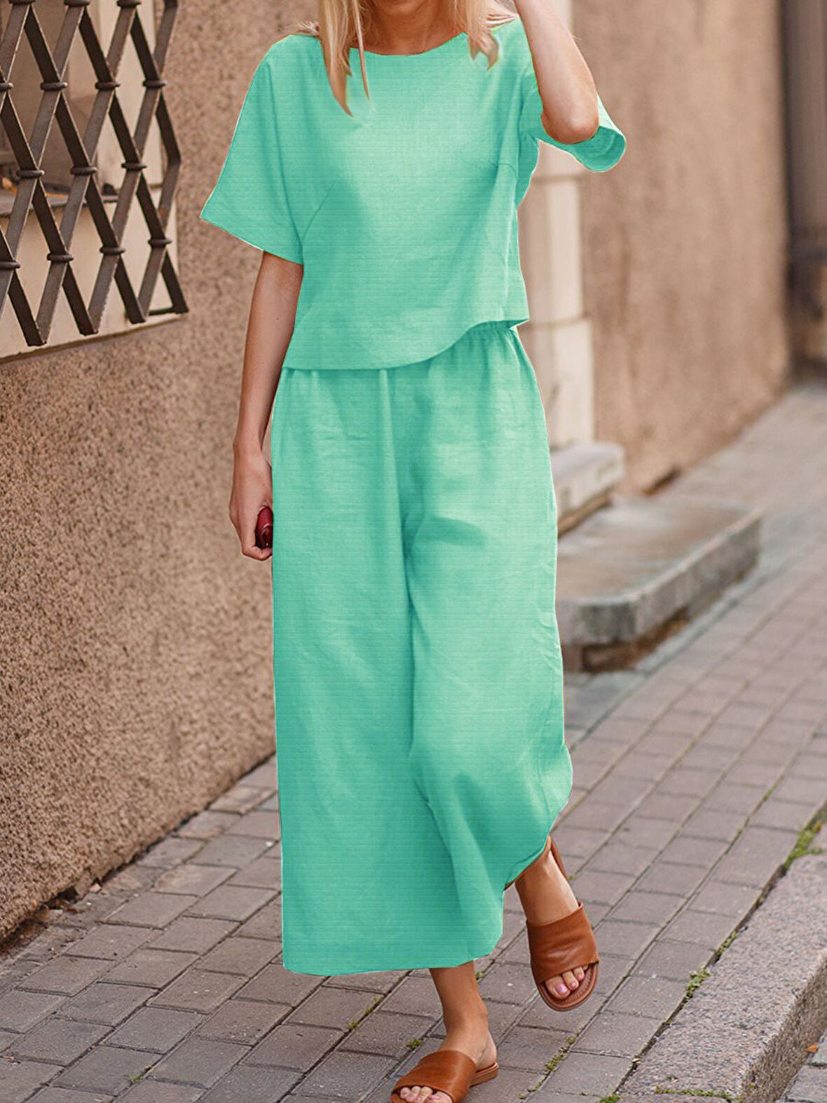 Günlük Rahat Beli Lastikli Kadın Su Yeşili Keten İkili Takım Alt Üst