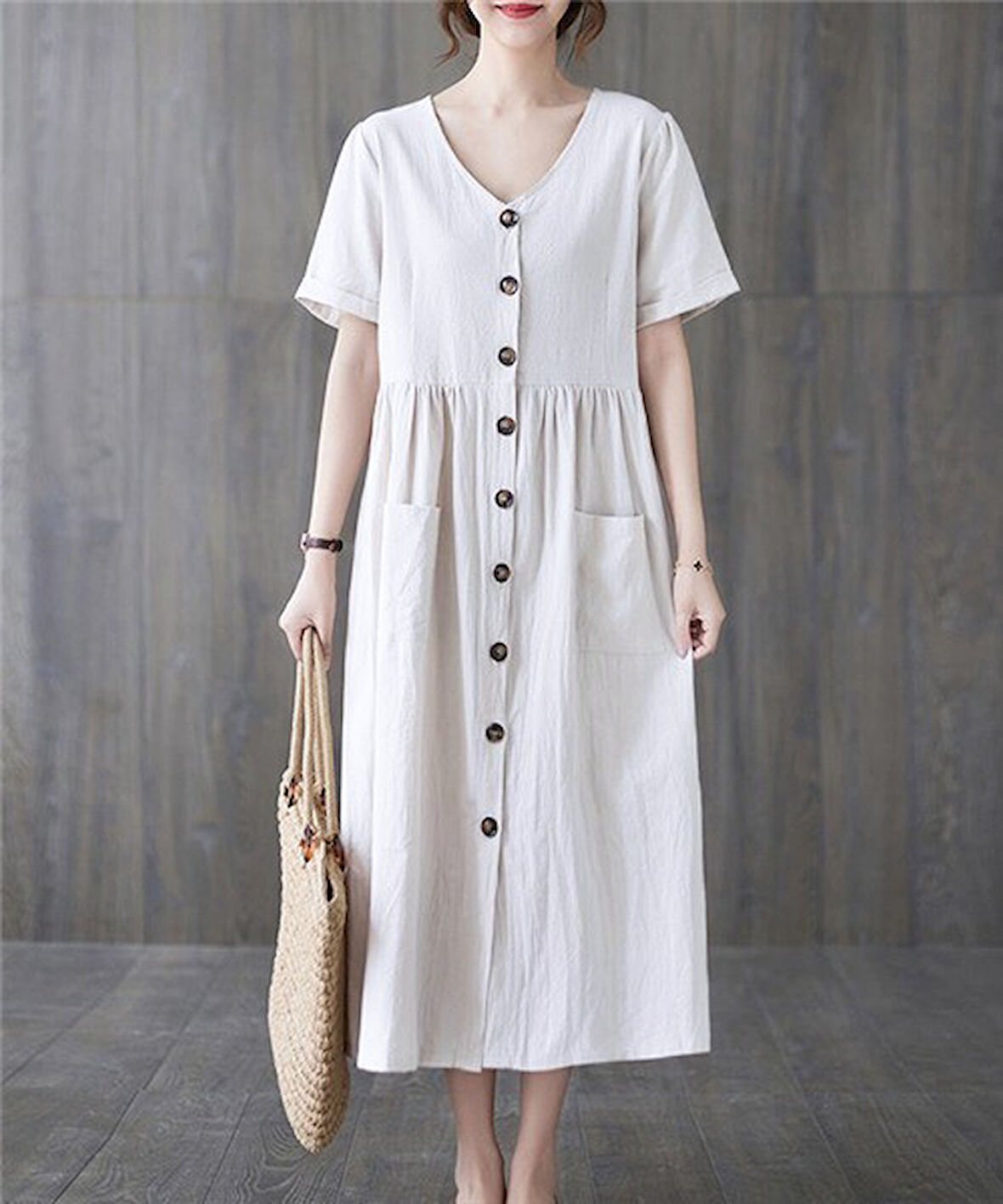 Keten Rahat V Yaka Beli Büzgülü Düğmeli Elbise