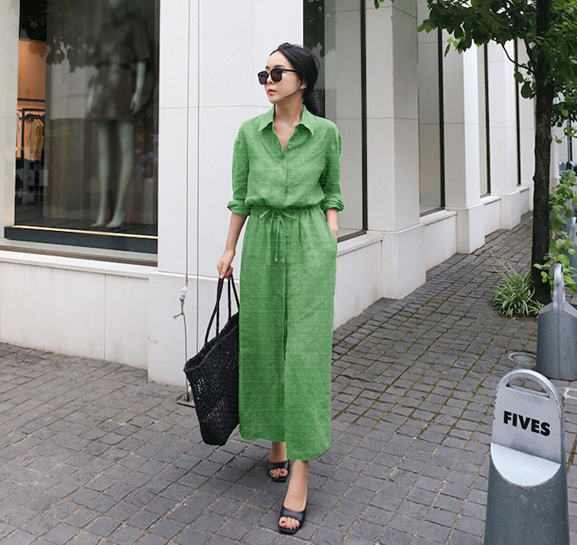 Bağcık Detaylı Keten Uzun Kollu Elbise