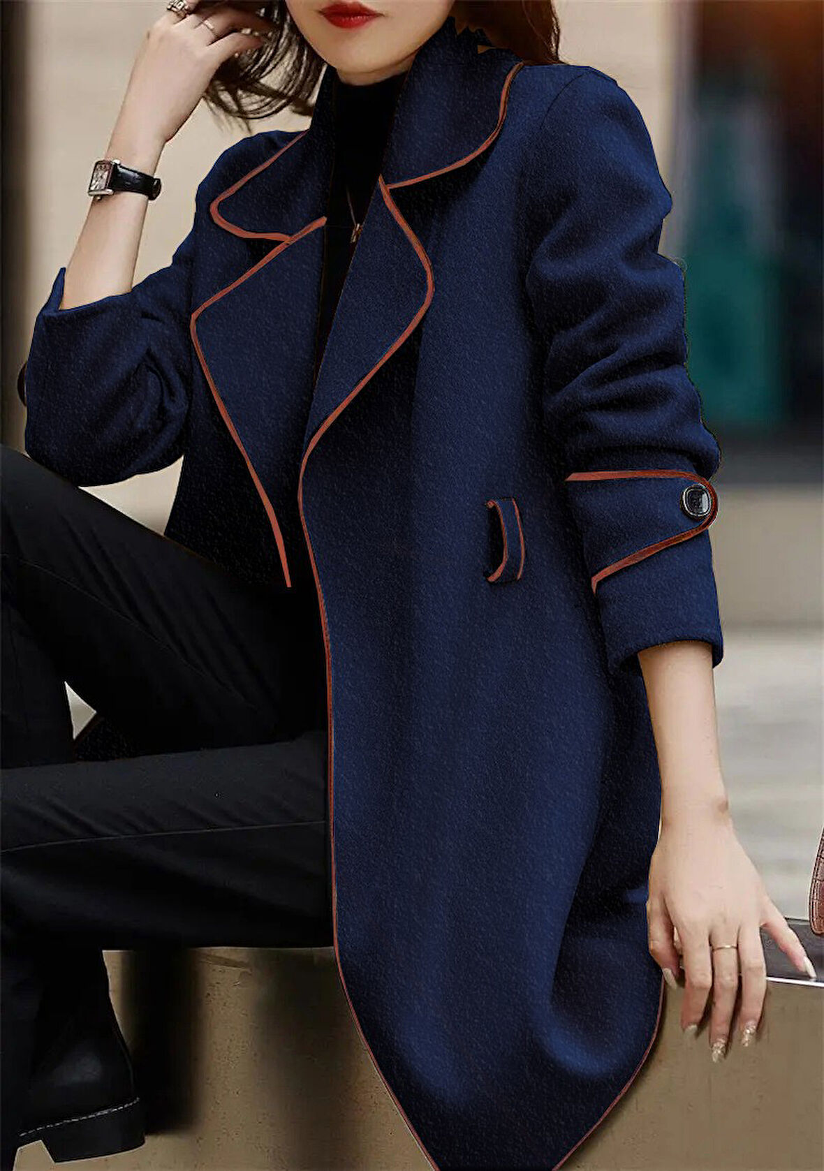 Özel Tasarım Kaşe Kadın Şık Yaka Kaban ve Kemer