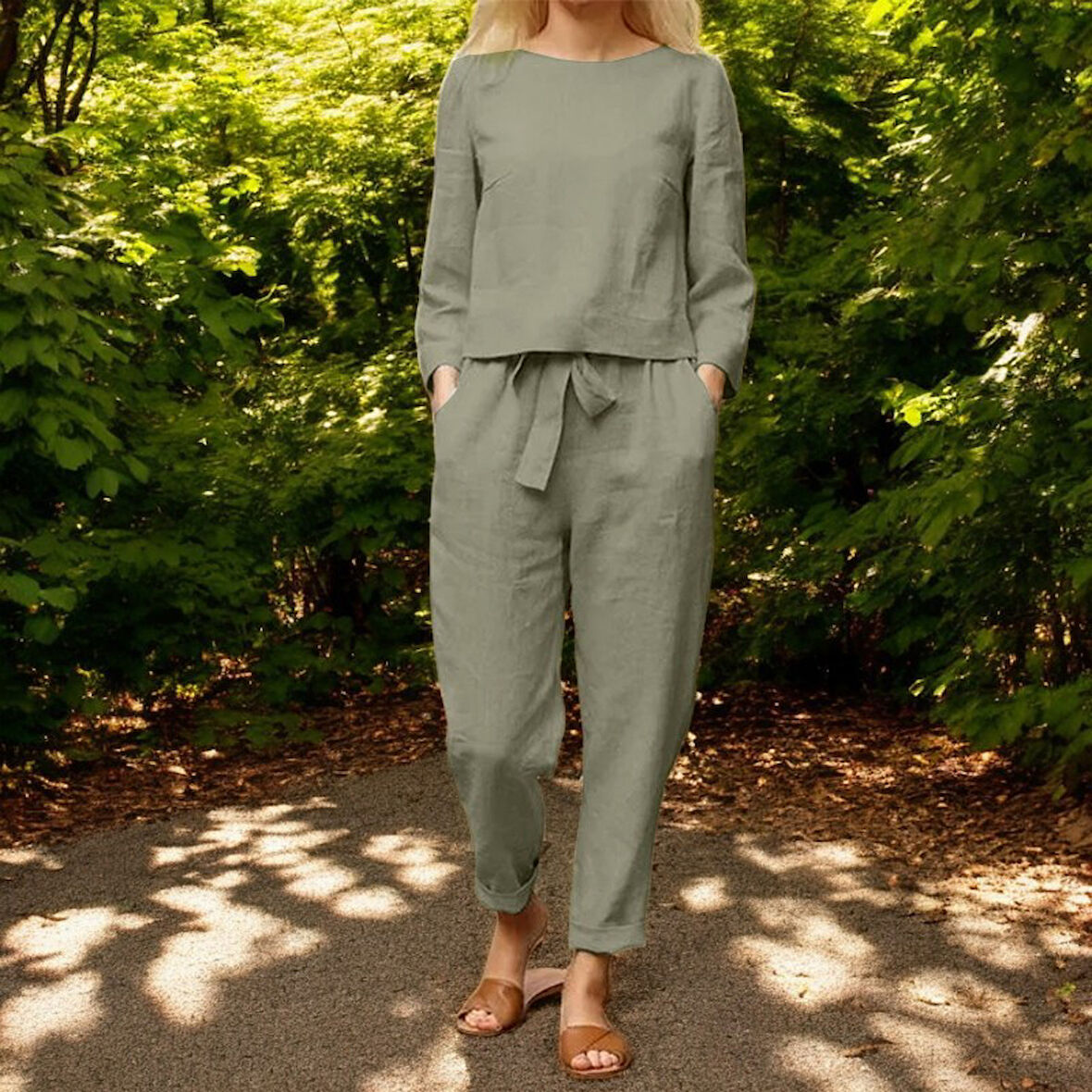 Kemerli Keten Kadın Alt Üst İkili Takım