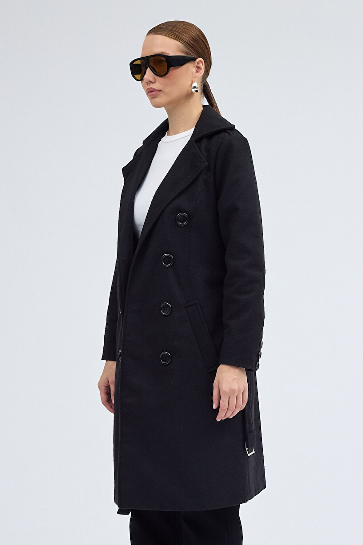 Aksesuarlı Kaşe Kaban Kemer Detaylı