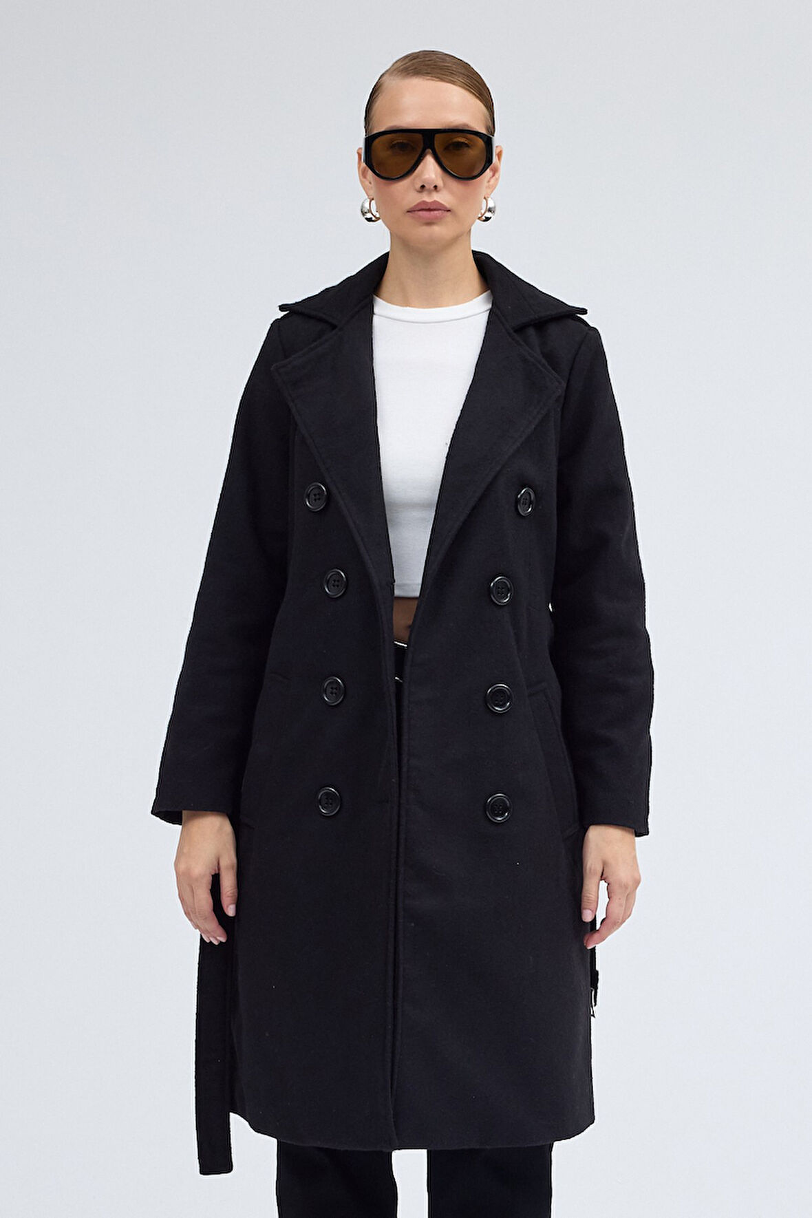 Aksesuarlı Kaşe Kaban Kemer Detaylı