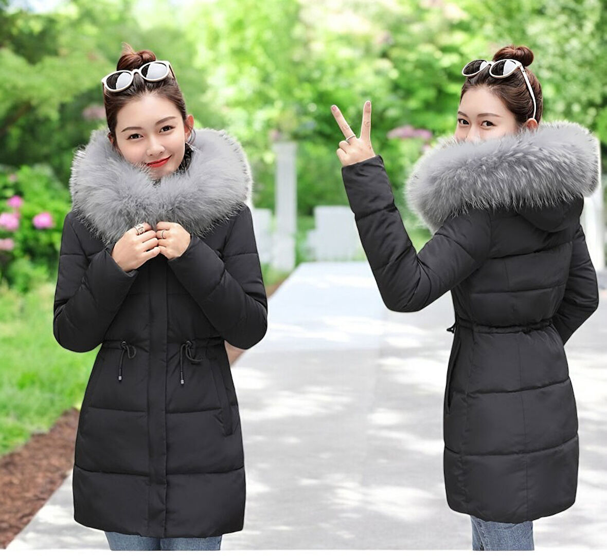 Orta Boy Kürklü Kapüşonlu Su Geçirmez Kadın Siyah Mont