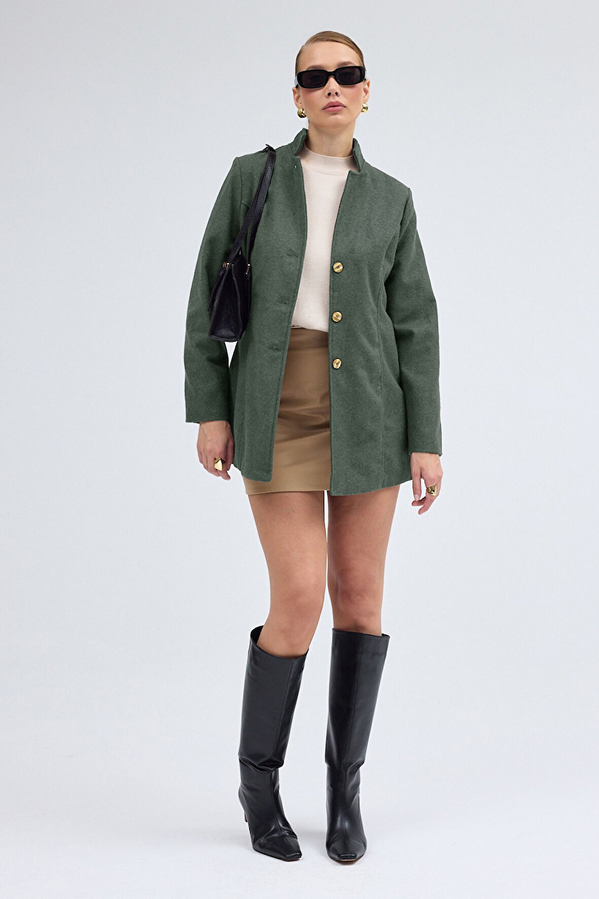 Tasarım Yaka Kısa Boy Kaşe Haki Kaban