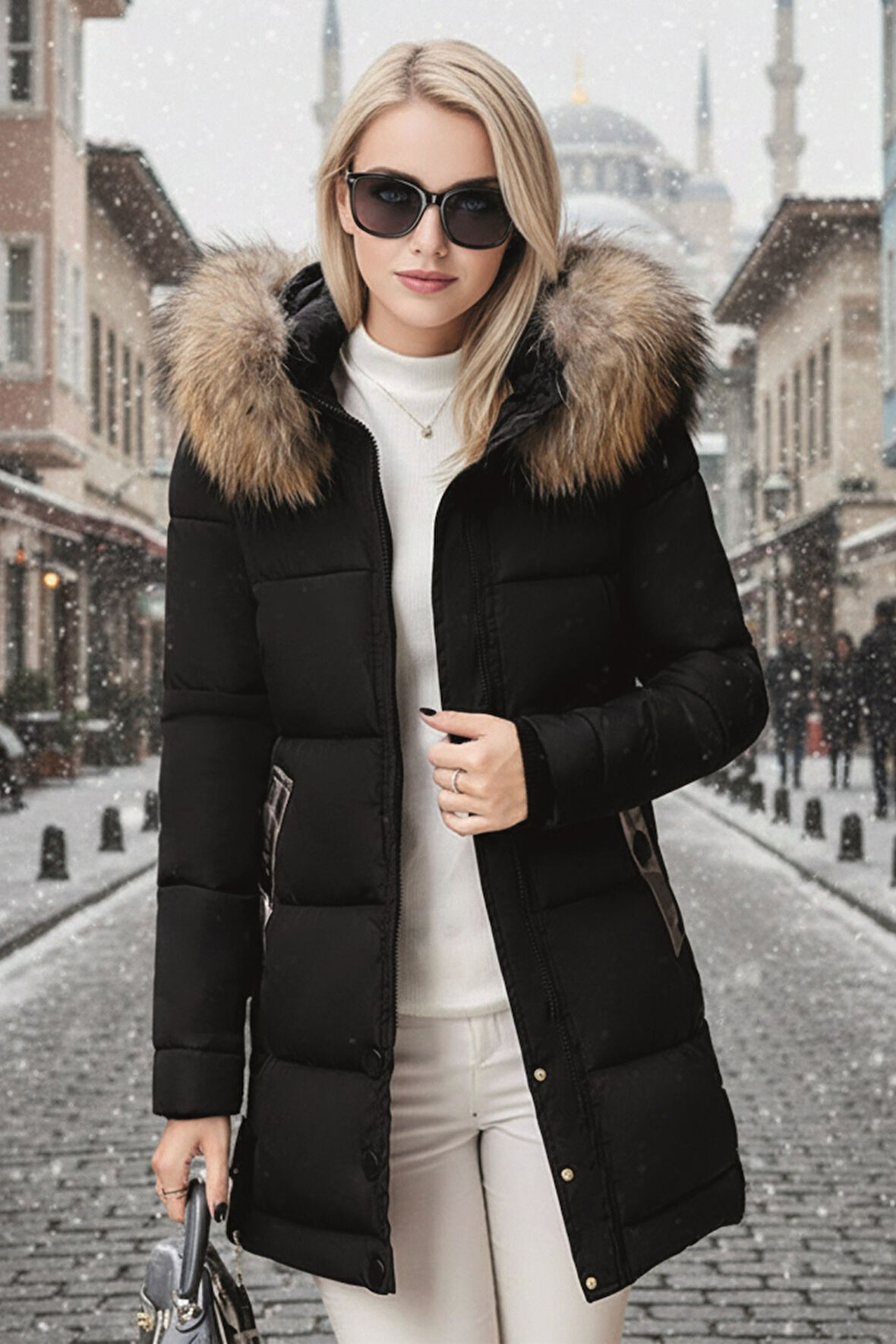 Kışlık Kürk Yaka Orta Boy Kadın Mont