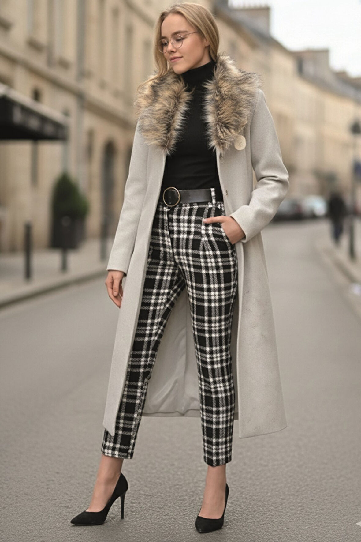 Yakası Kürklü Kaşe Kadın Kaban