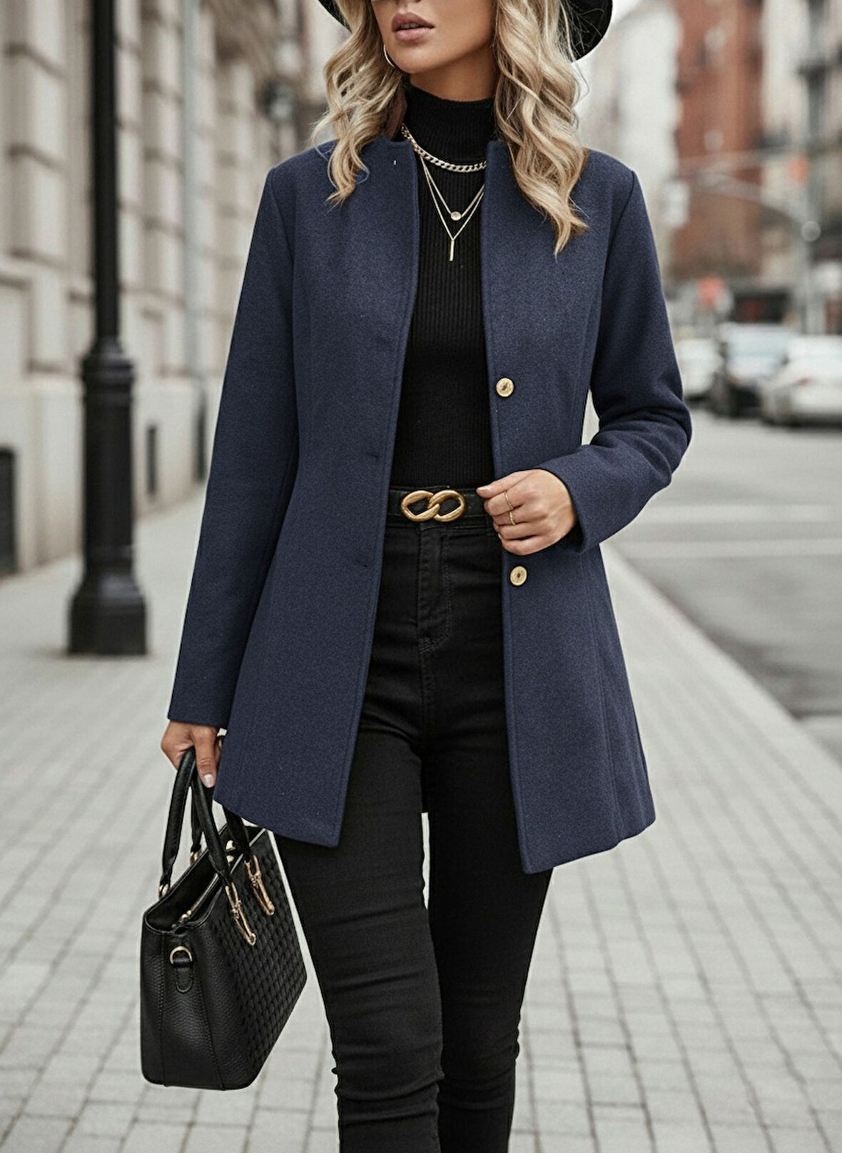 Tasarım Yaka Kaşe Lacivert Kaban