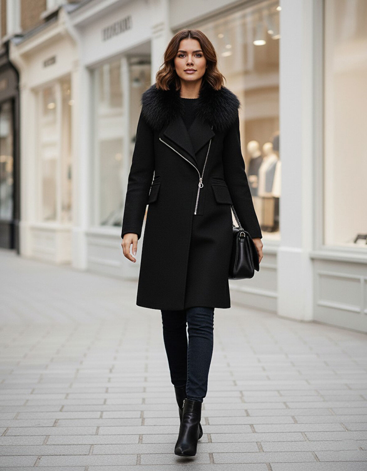 Kadın Kürklü Kaşe Kışlık Siyah Kaban