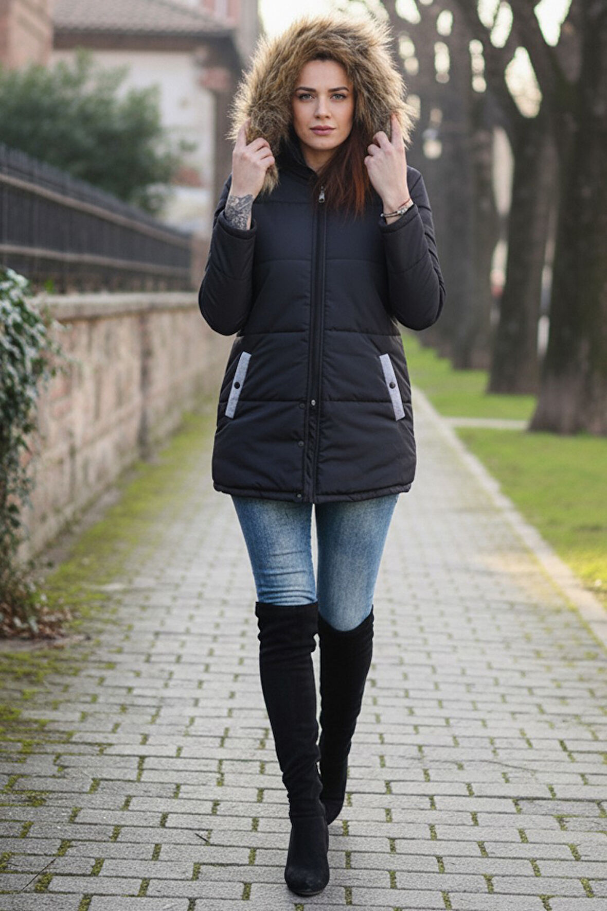 Kışlık Kapüşonu Suni Kürklü Şık Orta Boy Kadın Siyah Mont