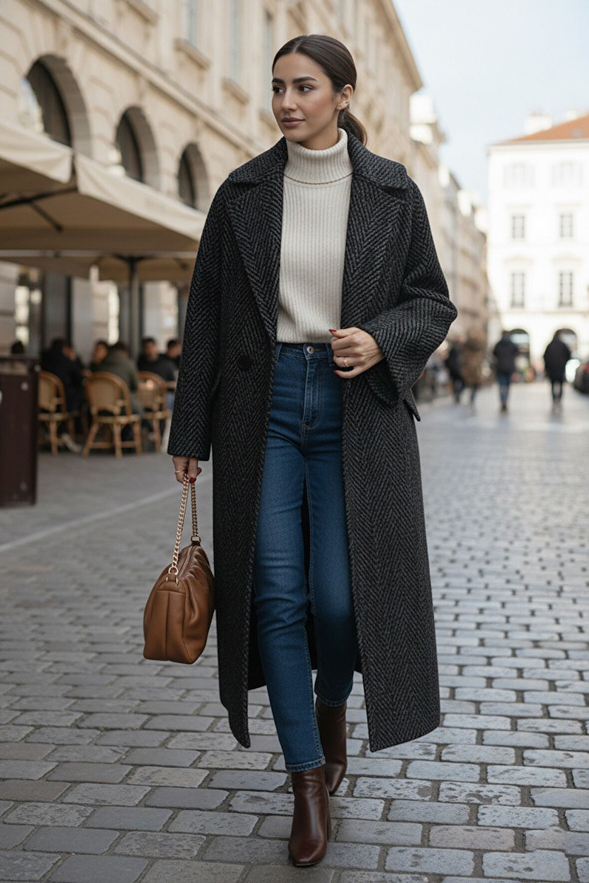 Balık Sırtı Desenli Astarlı Kışlık Kadın Uzun  Kaşmir Kaban