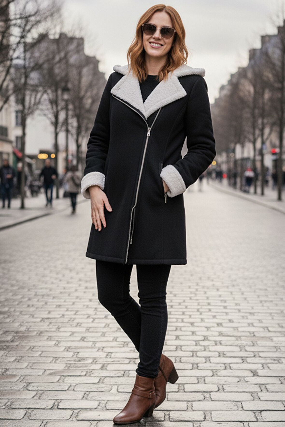 Kadın Günlük Siyah Kaşe Kışlık Kaban