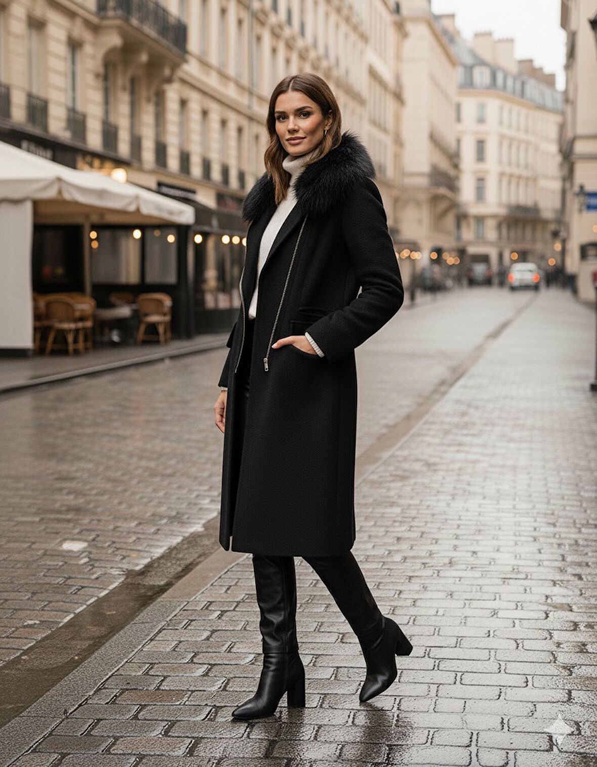 Kadın Kürklü Kaşe Kışlık Siyah Kaban