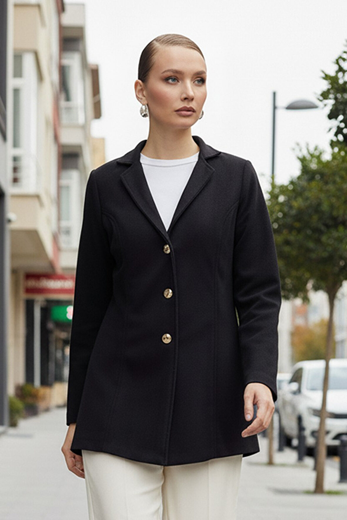 Tasarım Yaka Kaşe Şık Siyah Kaban