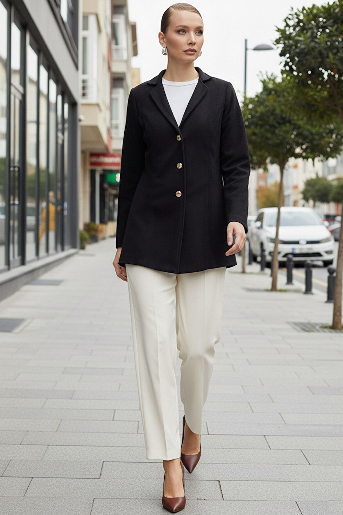 Üç Düğme Tasarım Yaka Kaşe Şık Siyah Kaban