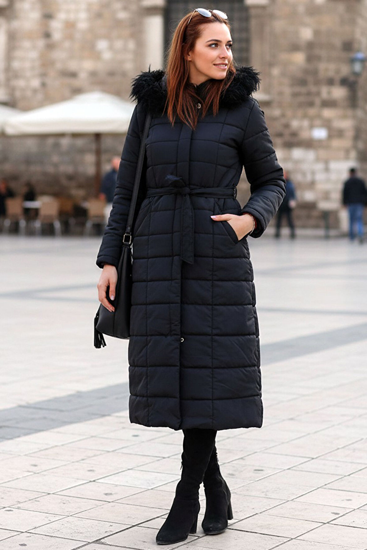 Günlük Kışlık Tam Boy Kürklü Kadın Siyah Şişme Mont