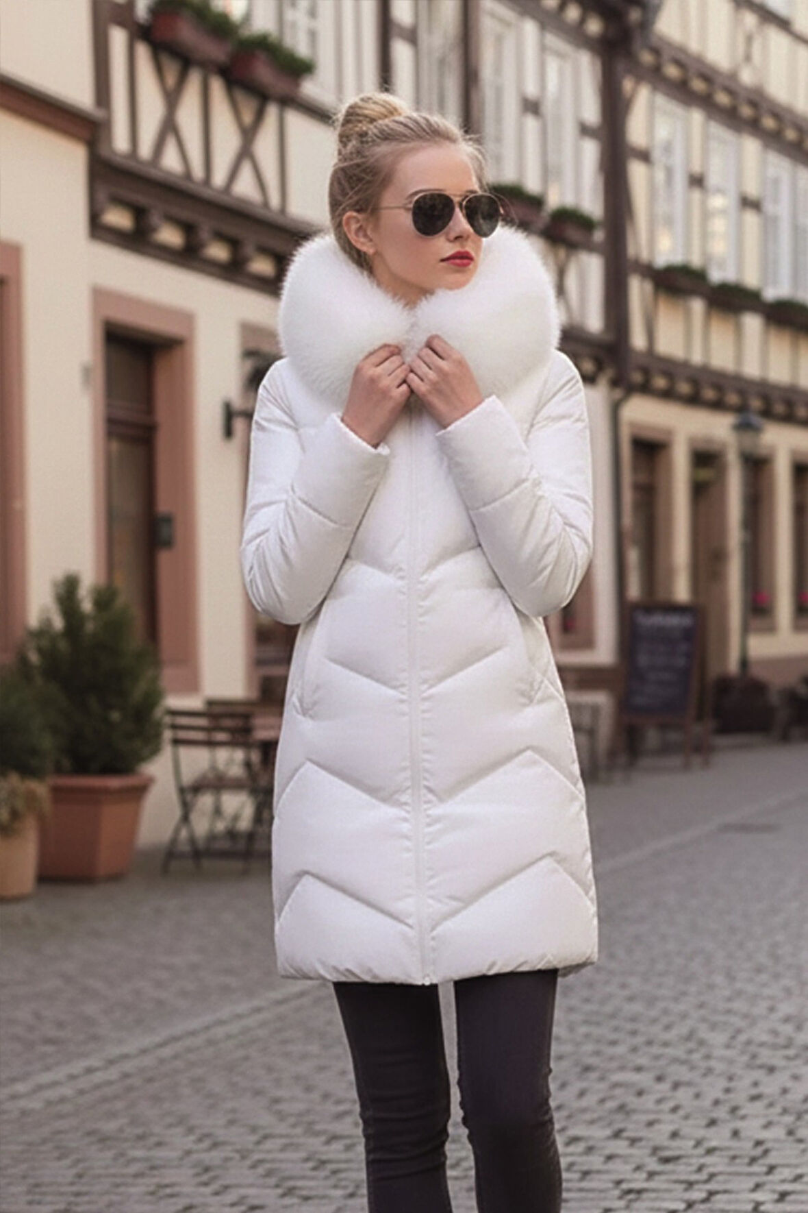 Kışlık Kürklü Kapüşonlu Kadın Şişme Mont