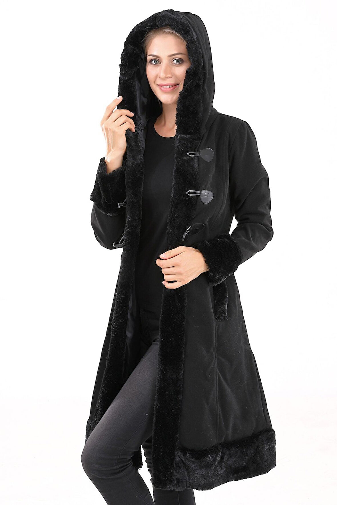 Tasarım Kaşe Kaşmir Kürk Detaylı Kadın Kaban