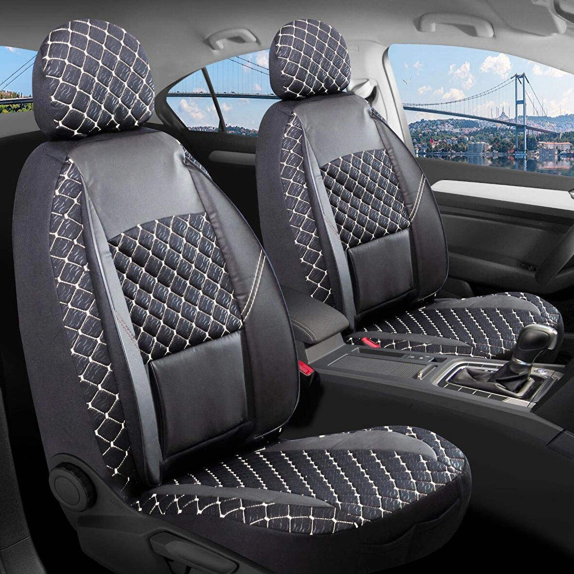 
Peugeot 208 Uyumlu Yarı Deri Oto Koltuk Kılıfı Ön Arka Set Alpine Model Siyah Beyaz SC