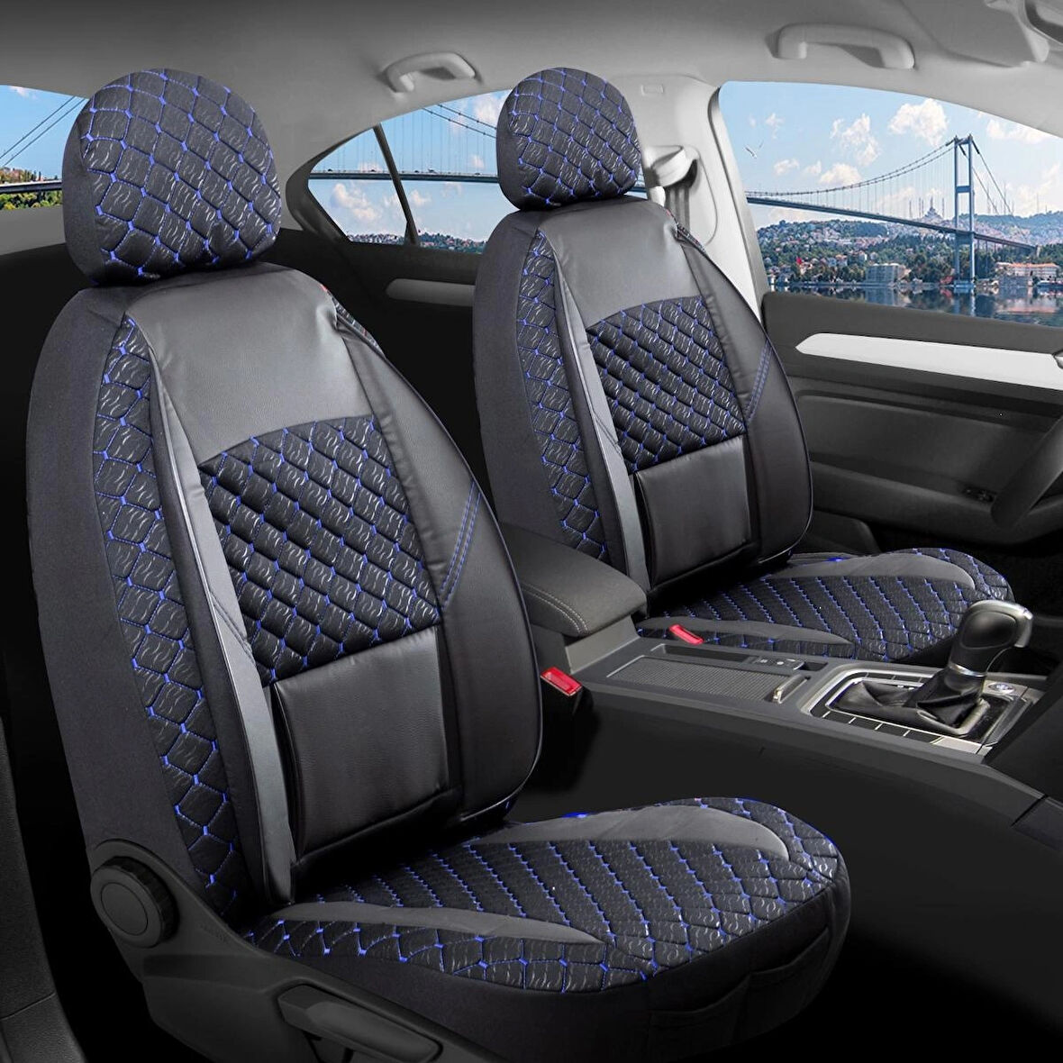 Kia Stonic Uyumlu Yarı Deri Oto Koltuk Kılıfı Ön Arka Set Alpine Model Siyah Mavi SC