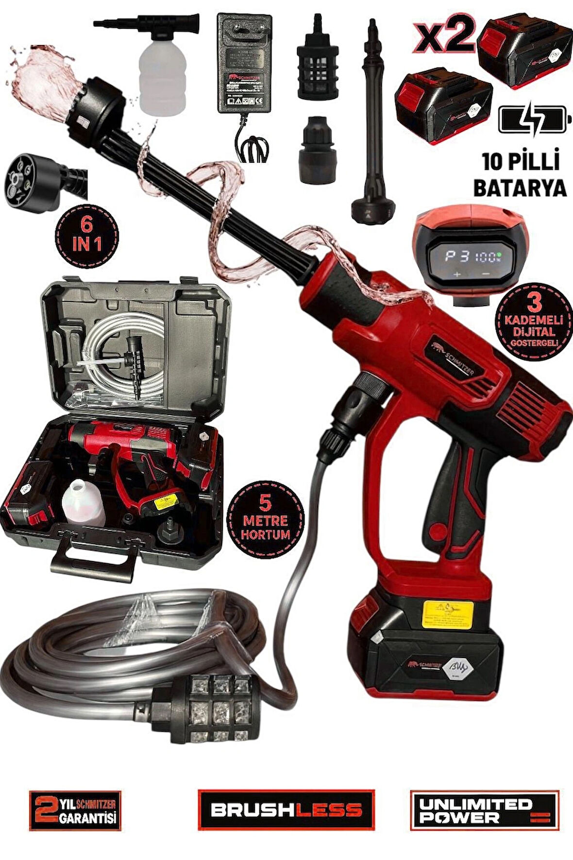 21V Brushless Motor Yüksek Basınçlı Şarjlı Oto Halı Ağaç Bahçe Araba Yıkama Sulama Temizleme Makinesi Tabancası 3 Kademe Dijital Göstergeli