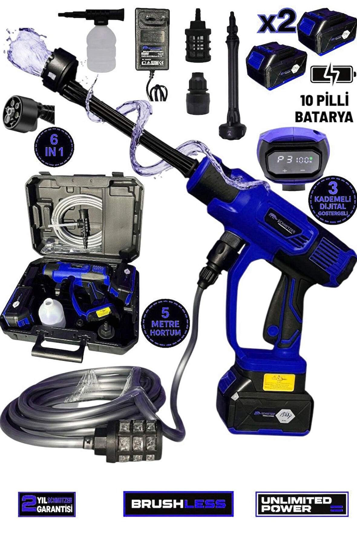 21V Brushless Motor Yüksek Basınçlı Şarjlı Oto Halı Ağaç Bahçe Araba Yıkama Sulama Temizleme Makinesi Tabancası 3 Kademe Dijital Göstergeli