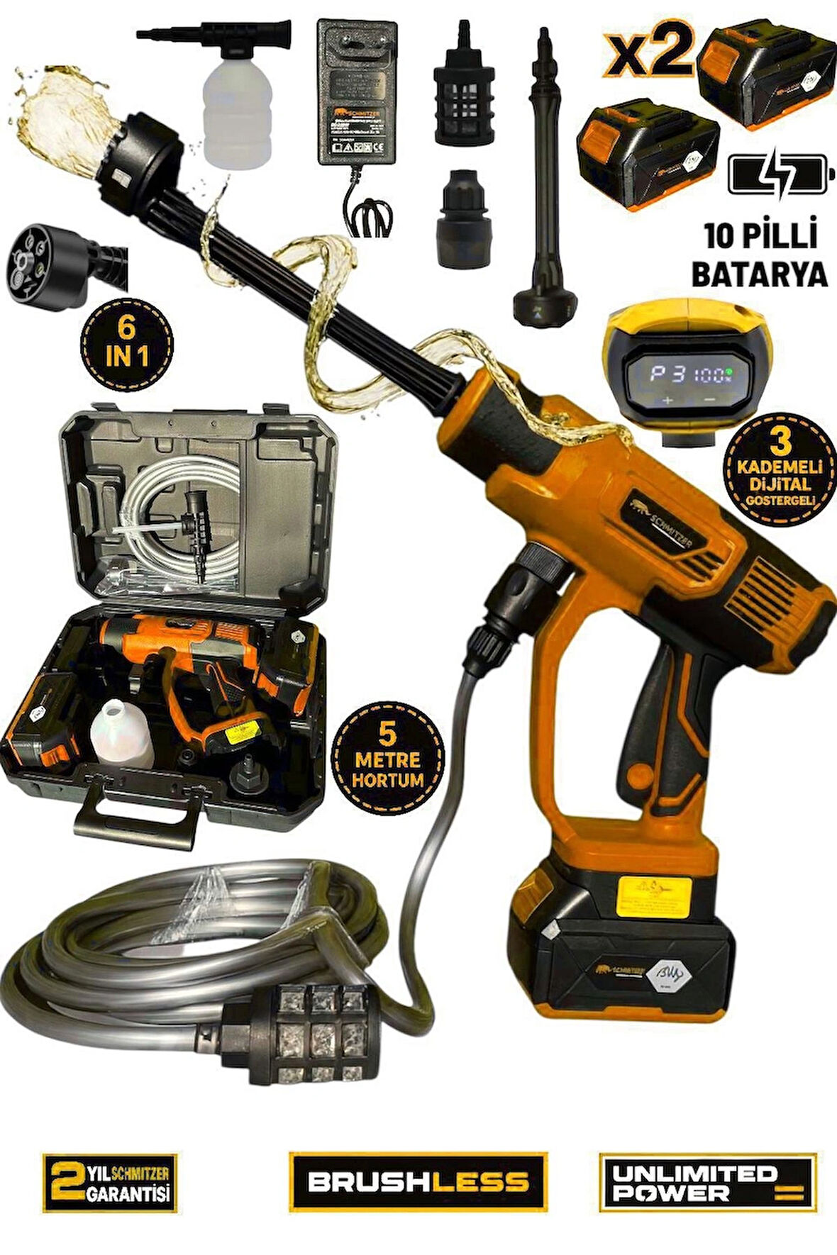 21V Brushless Motor Yüksek Basınçlı Şarjlı Oto Halı Ağaç Bahçe Araba Yıkama Sulama Temizleme Makinesi Tabancası 3 Kademe Dijital Göstergeli