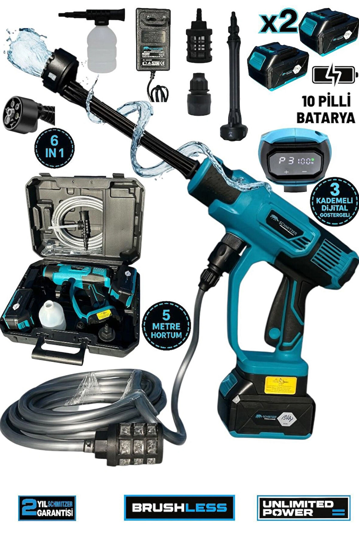 21V Brushless Motor Yüksek Basınçlı Şarjlı Oto Halı Ağaç Bahçe Araba Yıkama Sulama Temizleme Makinesi Tabancası 3 Kademe Dijital Göstergeli