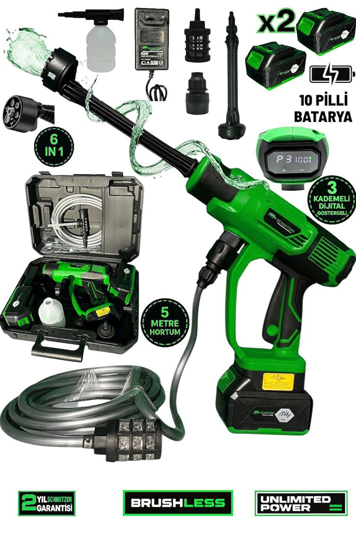 21V Brushless Motor Yüksek Basınçlı Şarjlı Oto Halı Ağaç Bahçe Araba Yıkama Sulama Temizleme Makinesi Tabancası 3 Kademe Dijital Göstergeli