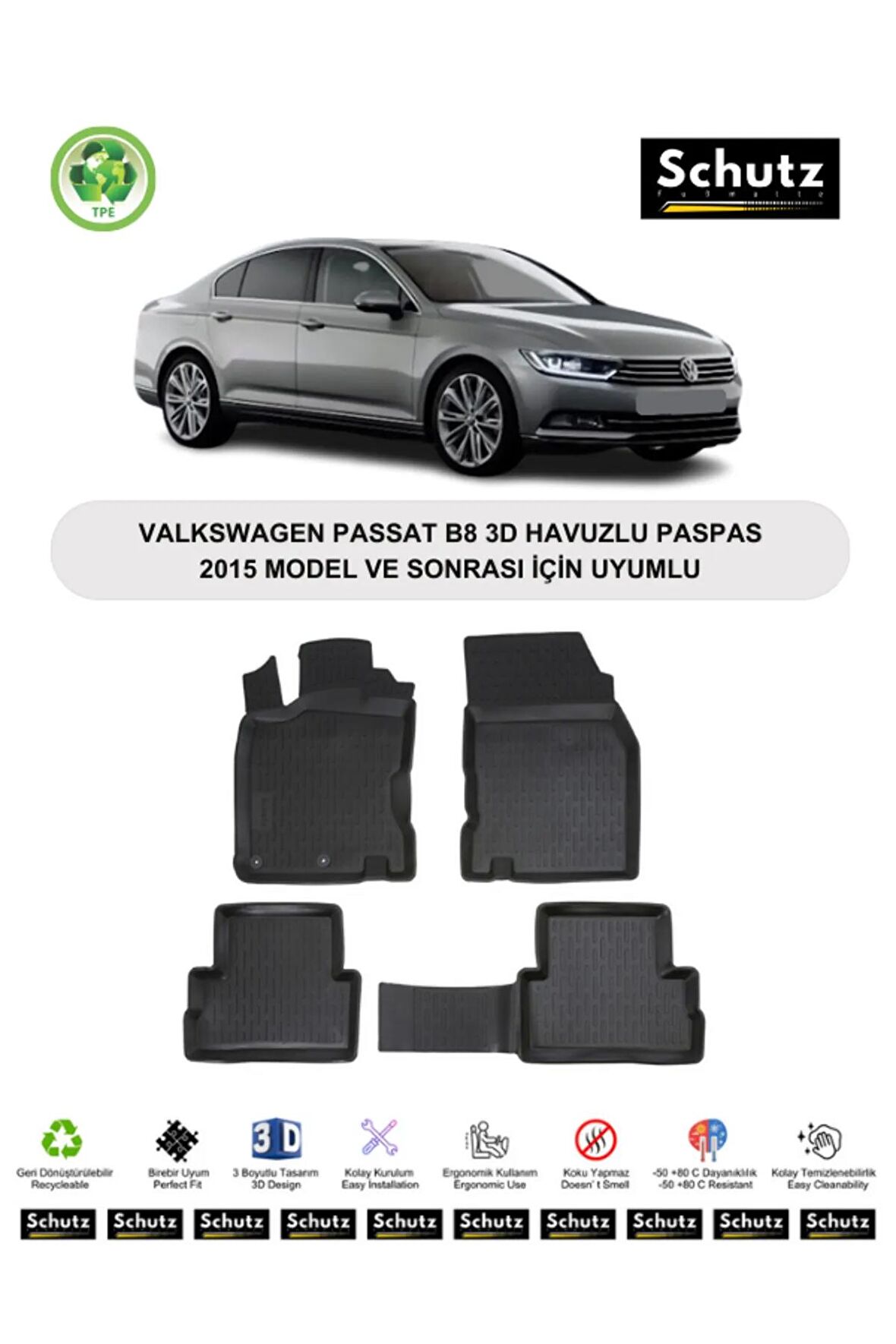 VOLKSWAGEN PASSAT B8 - 2015 MODEL VE SONRASI İÇİN UYUMLU 3D HAVUZLU OTO PASPAS