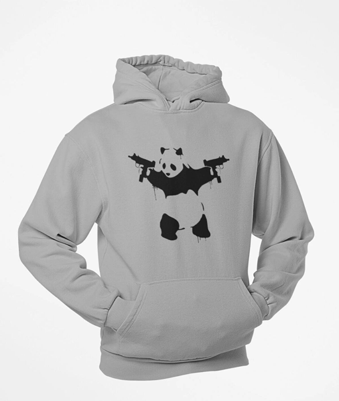 Elinde tarayıcı silahlar olan panda baskılı kapüşonlu sweatshirt
