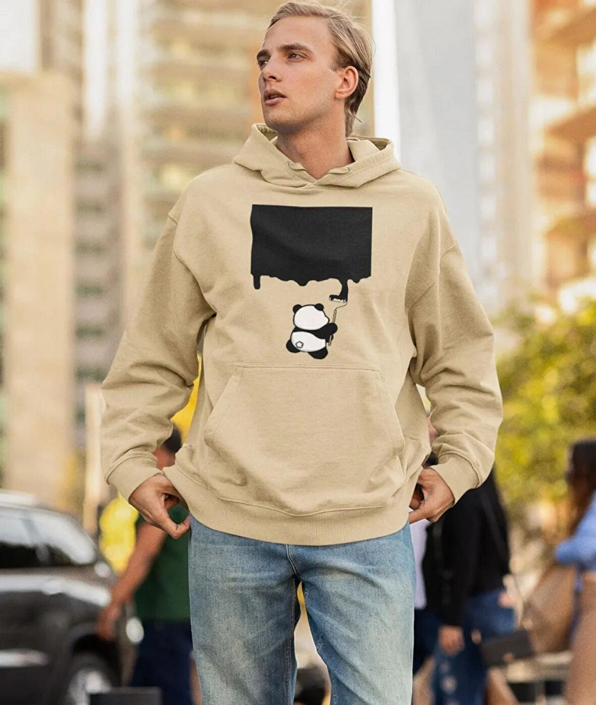 Boyacı panda ön baskılı sweatshirt erkek