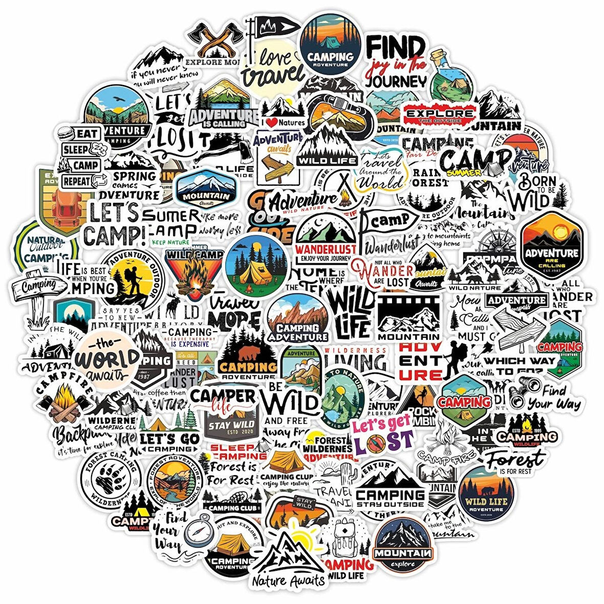 Kamp Temalı Camping Outdoor Adventure Sticker Seti (5CM - 100 ADET)