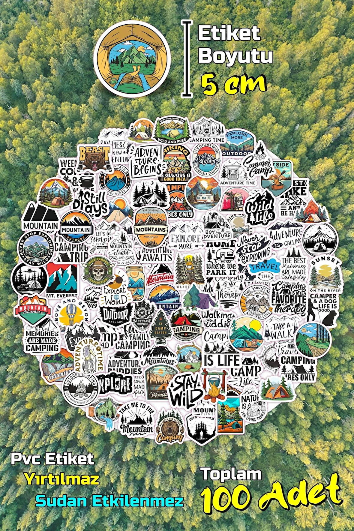  ​Kamp Temalı Camping Outdoor Adventure Sticker Seti Model-3 (5CM - 100 ADET)