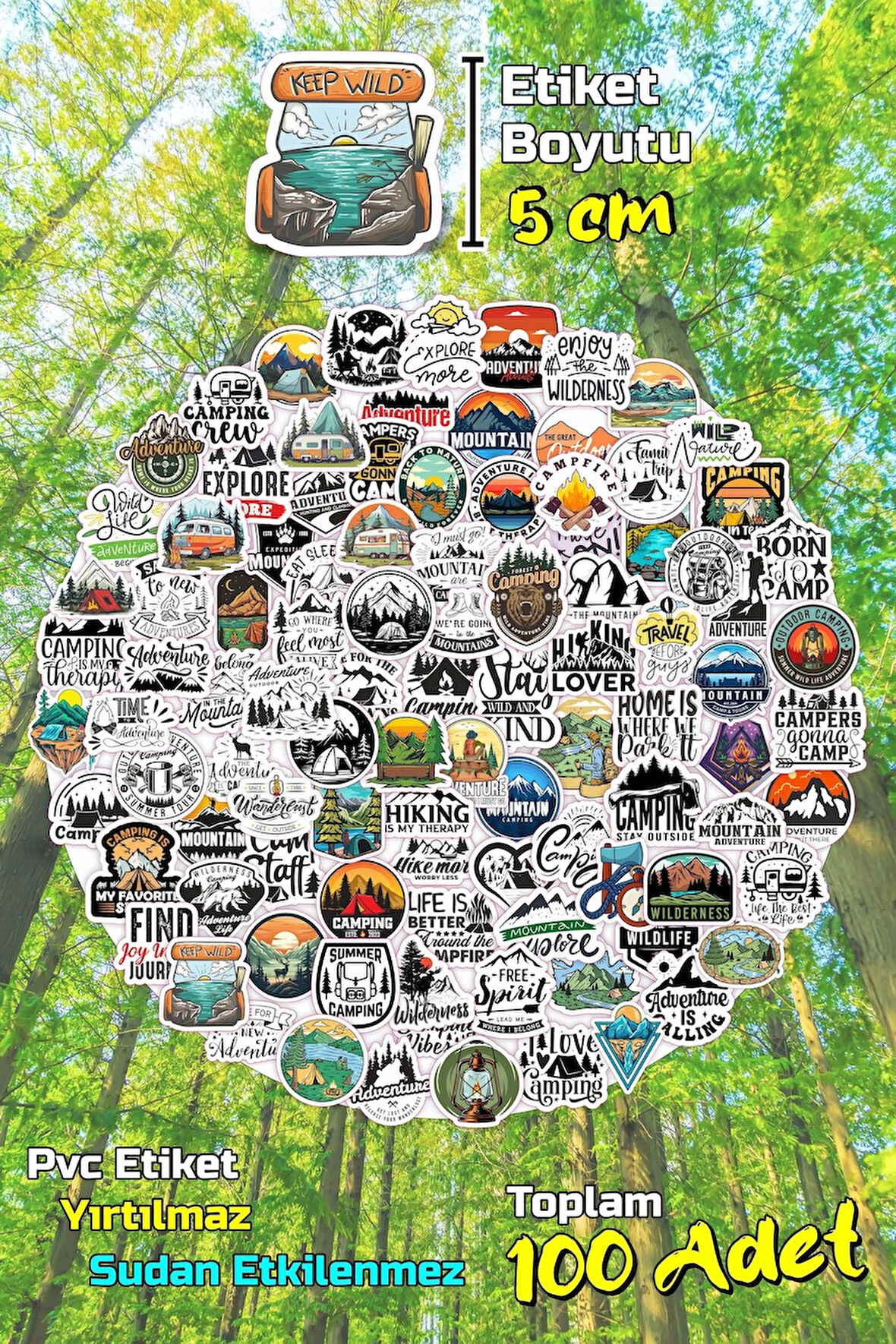  ​Kamp Temalı Camping Outdoor Adventure Sticker Seti Model-4 (5CM - 100 ADET)